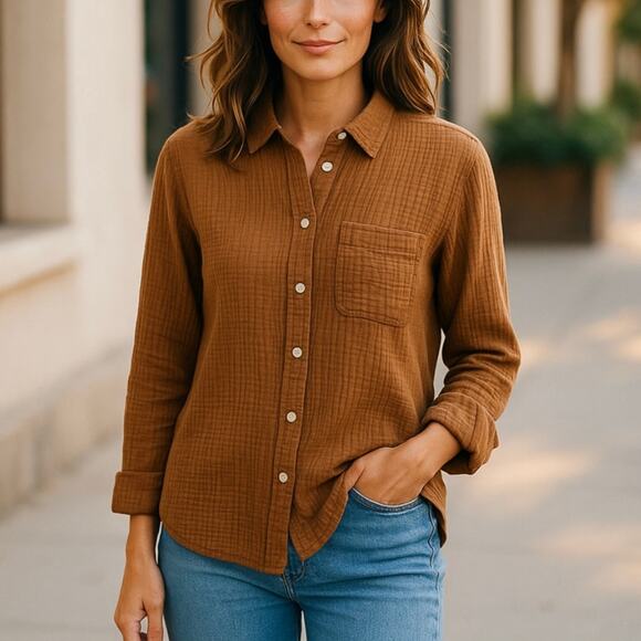 J. Crew Caramel Brown Garcon Classic Double Gauze Cotton Button Down Shirt - Picture 1 of 9